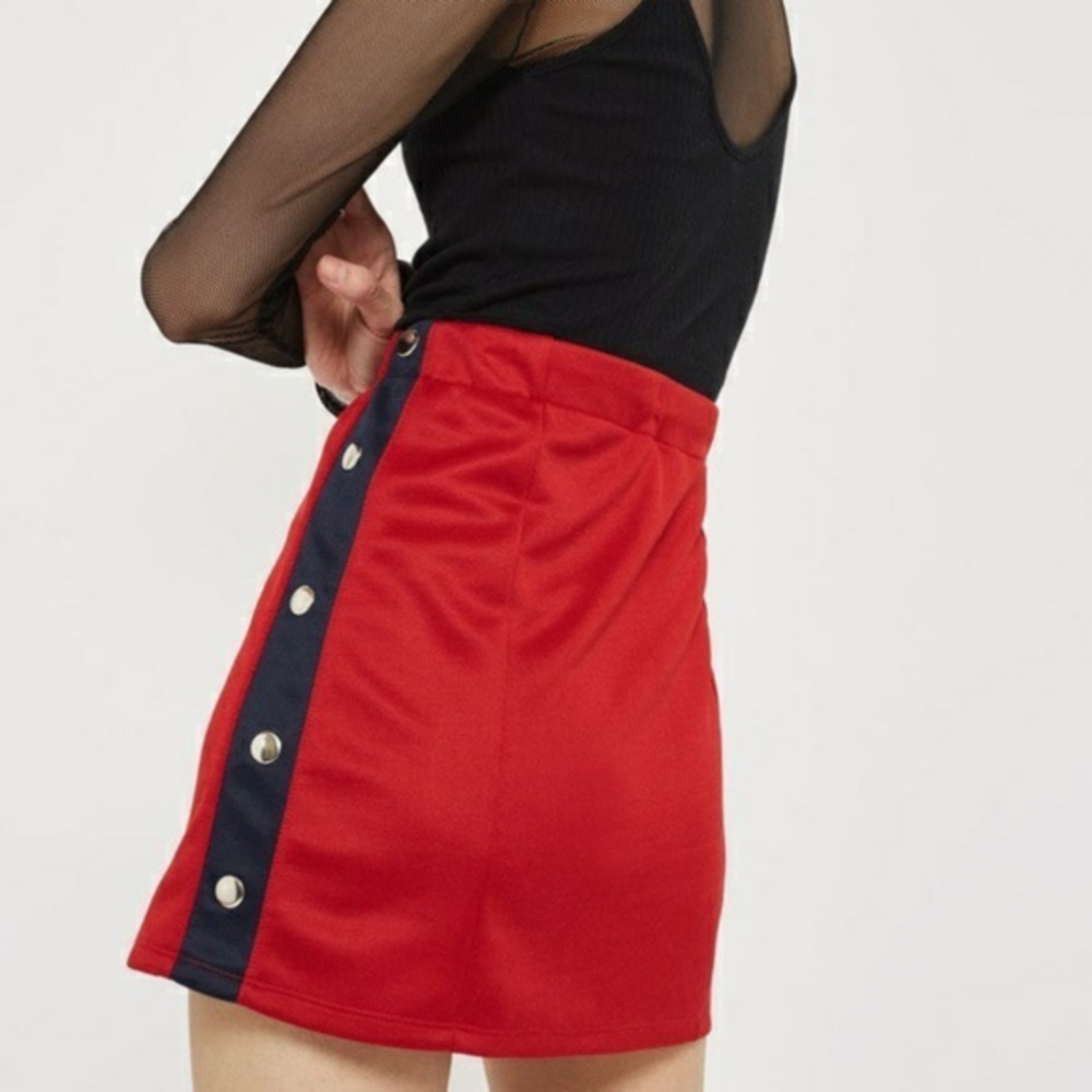 Topshop Red Sporty Mini Skirt with Navy Racing Stripe and Silver Hardware